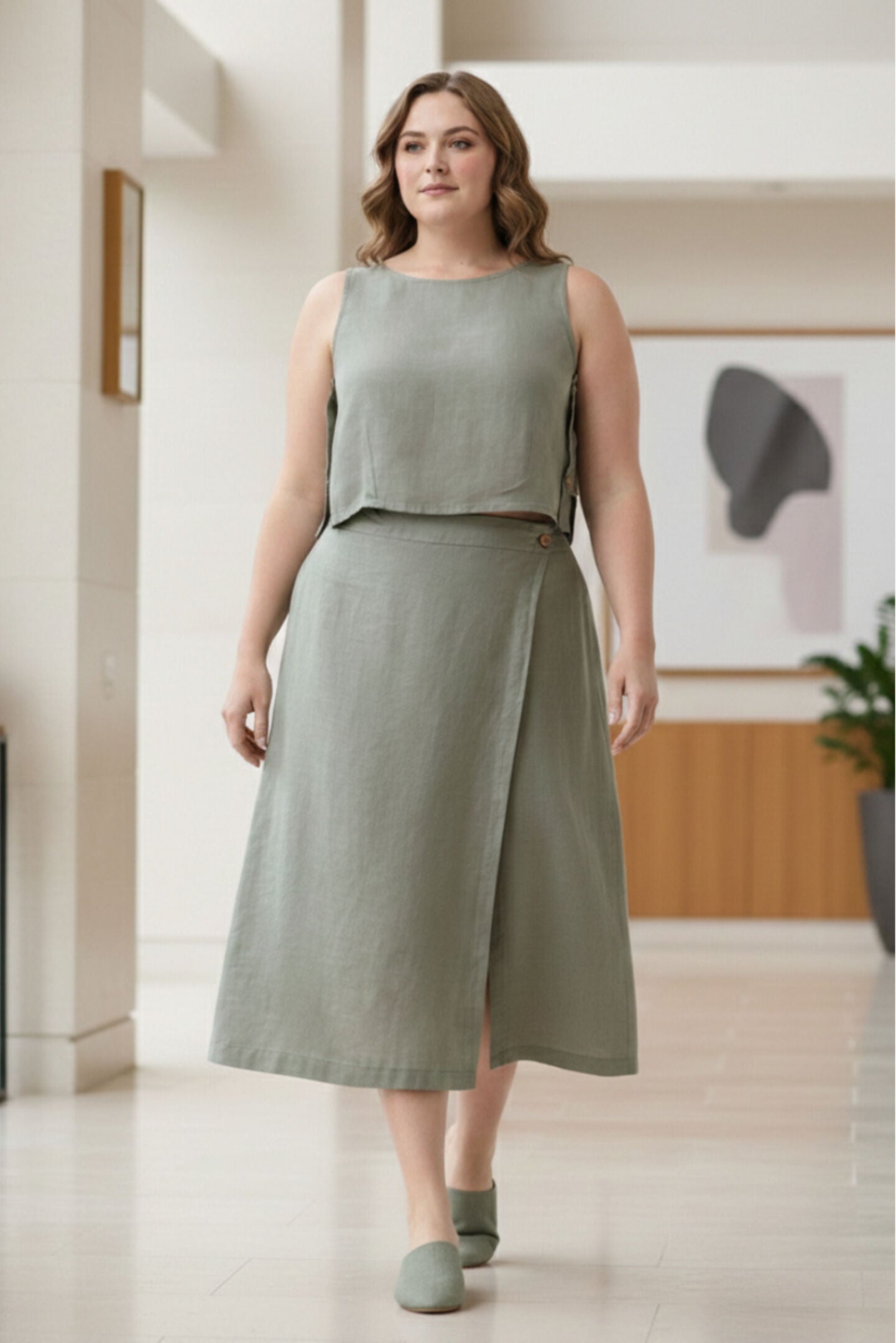 Overlap Midi Skirt, Hemp Dark Green / Light Green, alternate image number 6