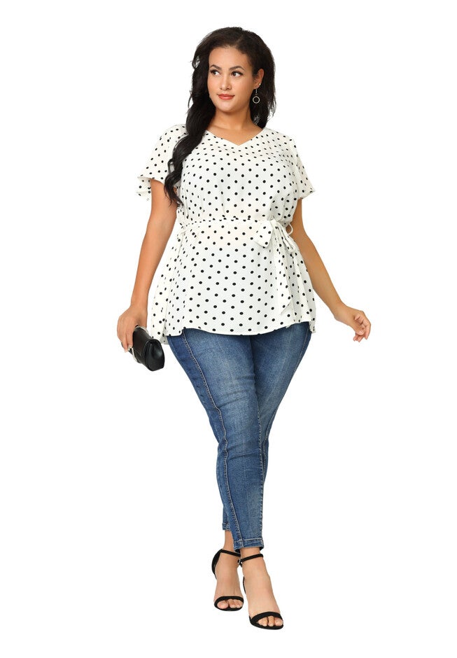 Tie Waist Polka Dots Ruffle Summer Short Sleeve Blouse, White / White, hi-res image number 0