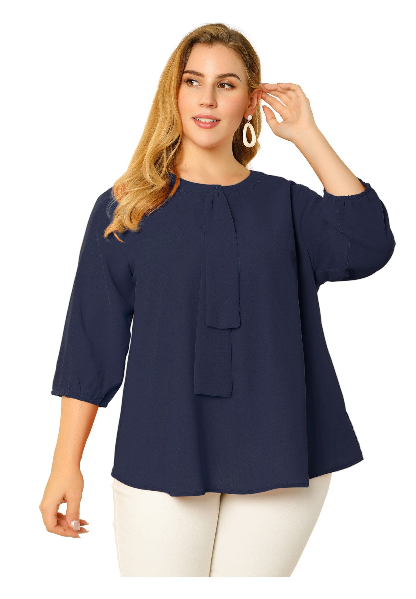 Work Round Neck Ruffle Chiffon Blouse Top, Navy Blue / Navy, alternate image number 2
