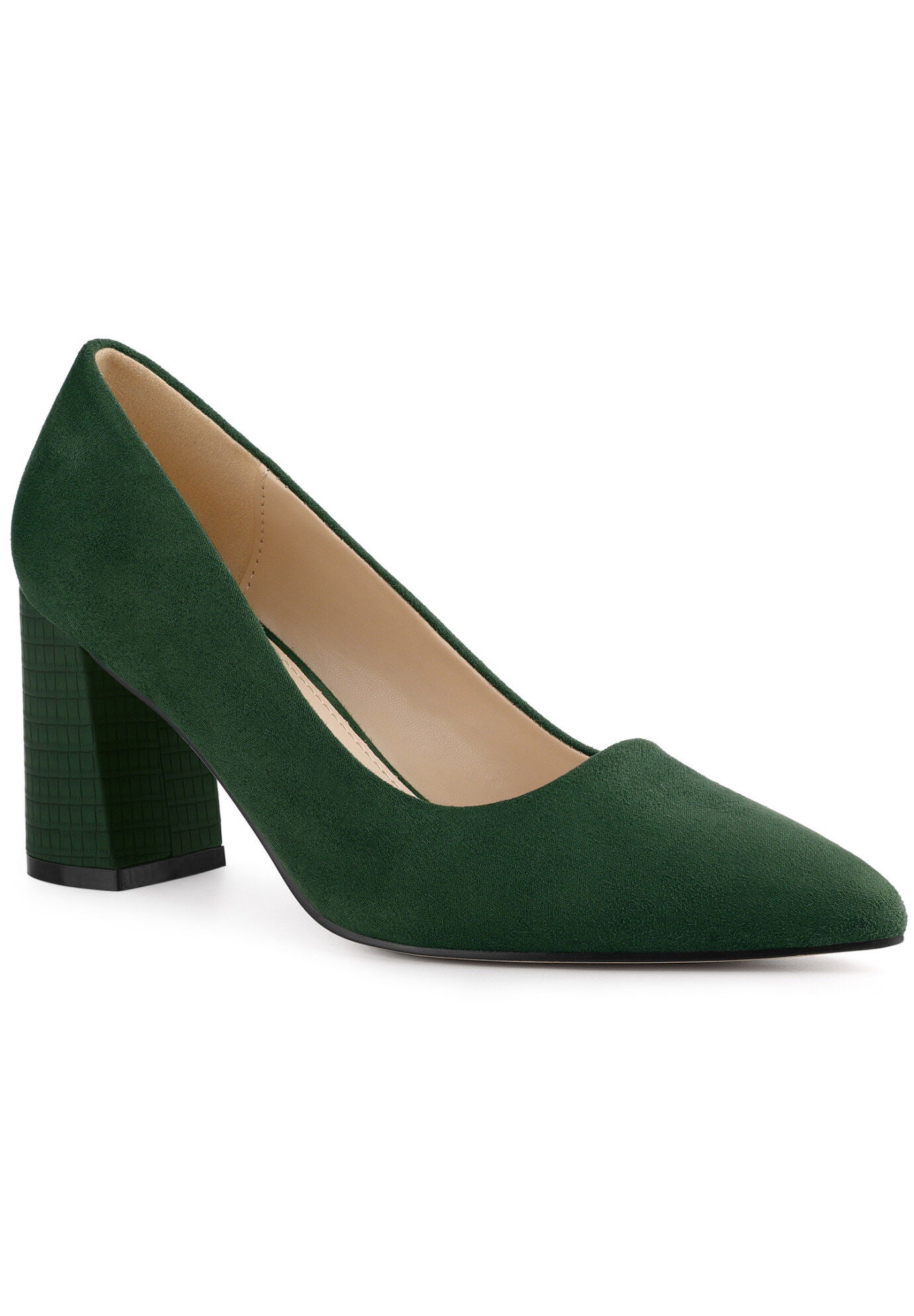 Pointy Toe Slip on Plaid Chunky Heel Dress Pumps, Green / Hunter Green, hi-res image number 0