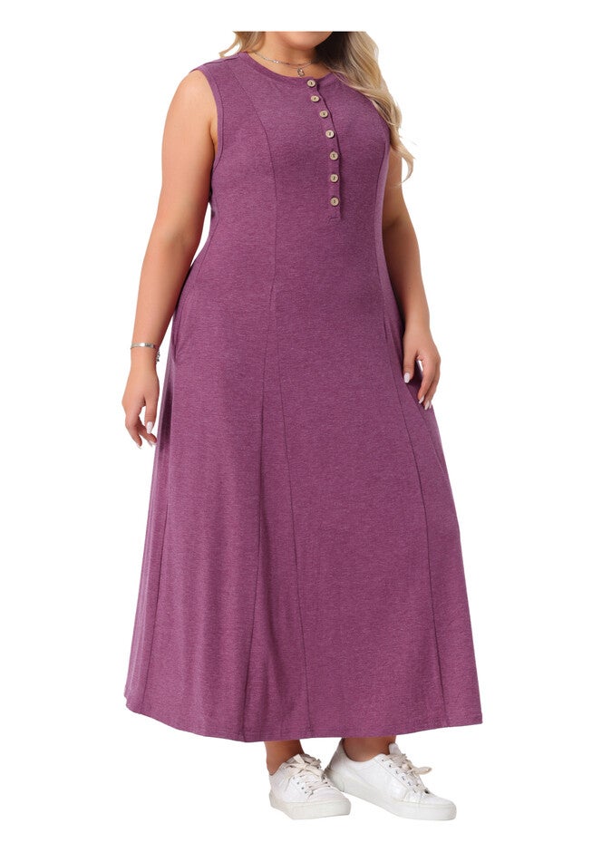 Summer Sleeveless Button A Line Tank Maxi Dress with Pockets, Burgundy / Purple, alternate image number 1