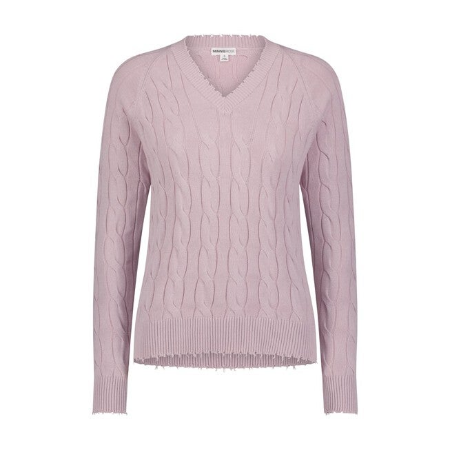 Cotton frayed edge cable v neck, Pink Pearl / Pink, hi-res image number 0