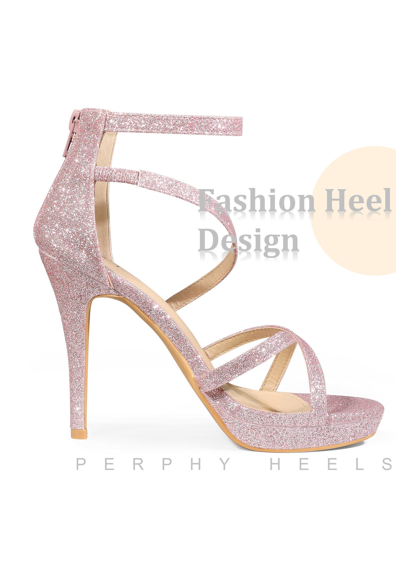 Platform Glitter Strappy Stiletto Heels Sandals, Pink / Pink, alternate image number 3