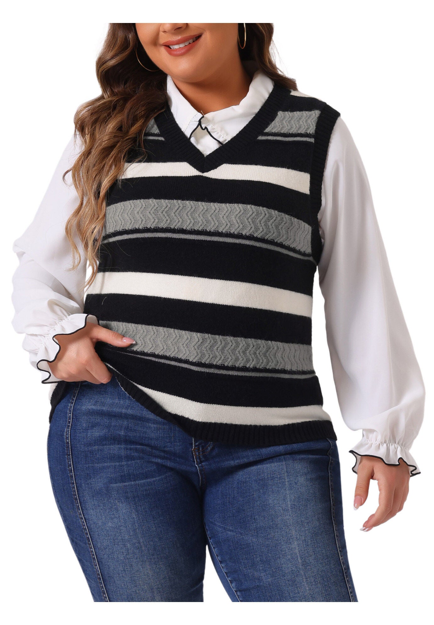 V Neck Striped Knit Casual Pullover Sweater Vest, Black / Black, alternate image number 1