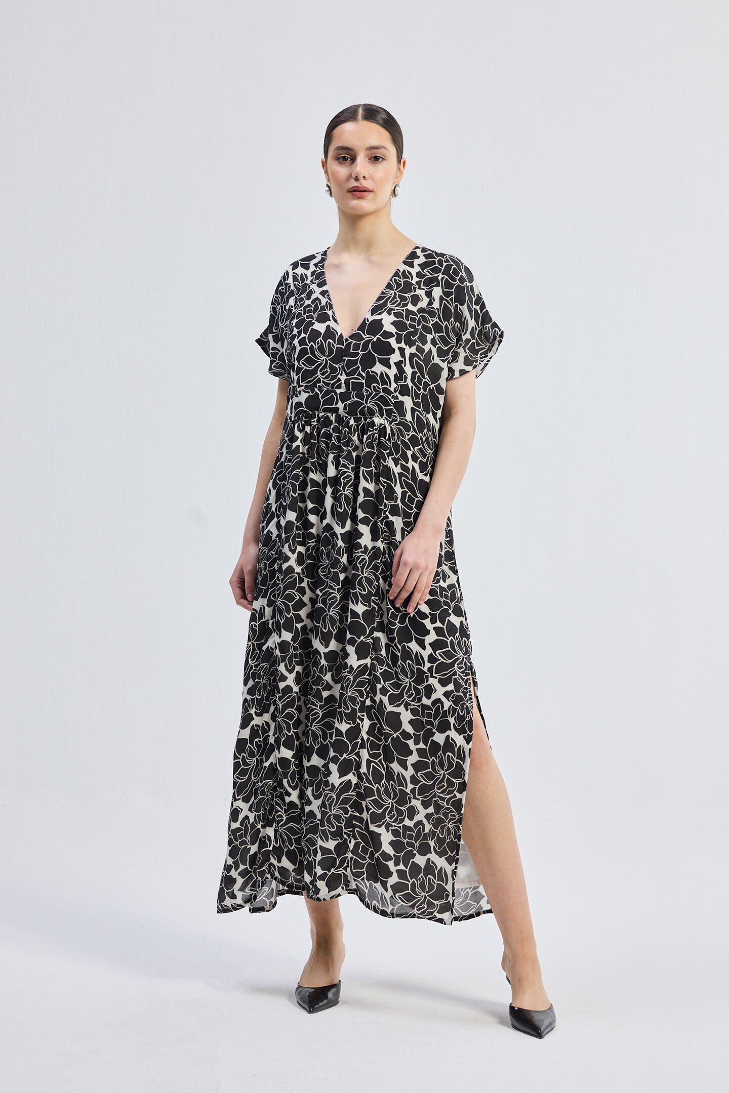 Deep V-neck Maxi Dress with Front Gathers in Black Florals, Midnight Bloom / Black, hi-res image number 0