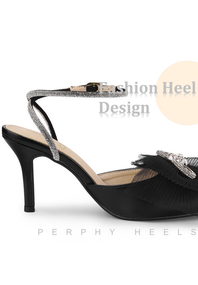 Rhinestone Mesh Bow Slingback Stiletto Heel Dress Pumps, Black / Black, alternate image number null
