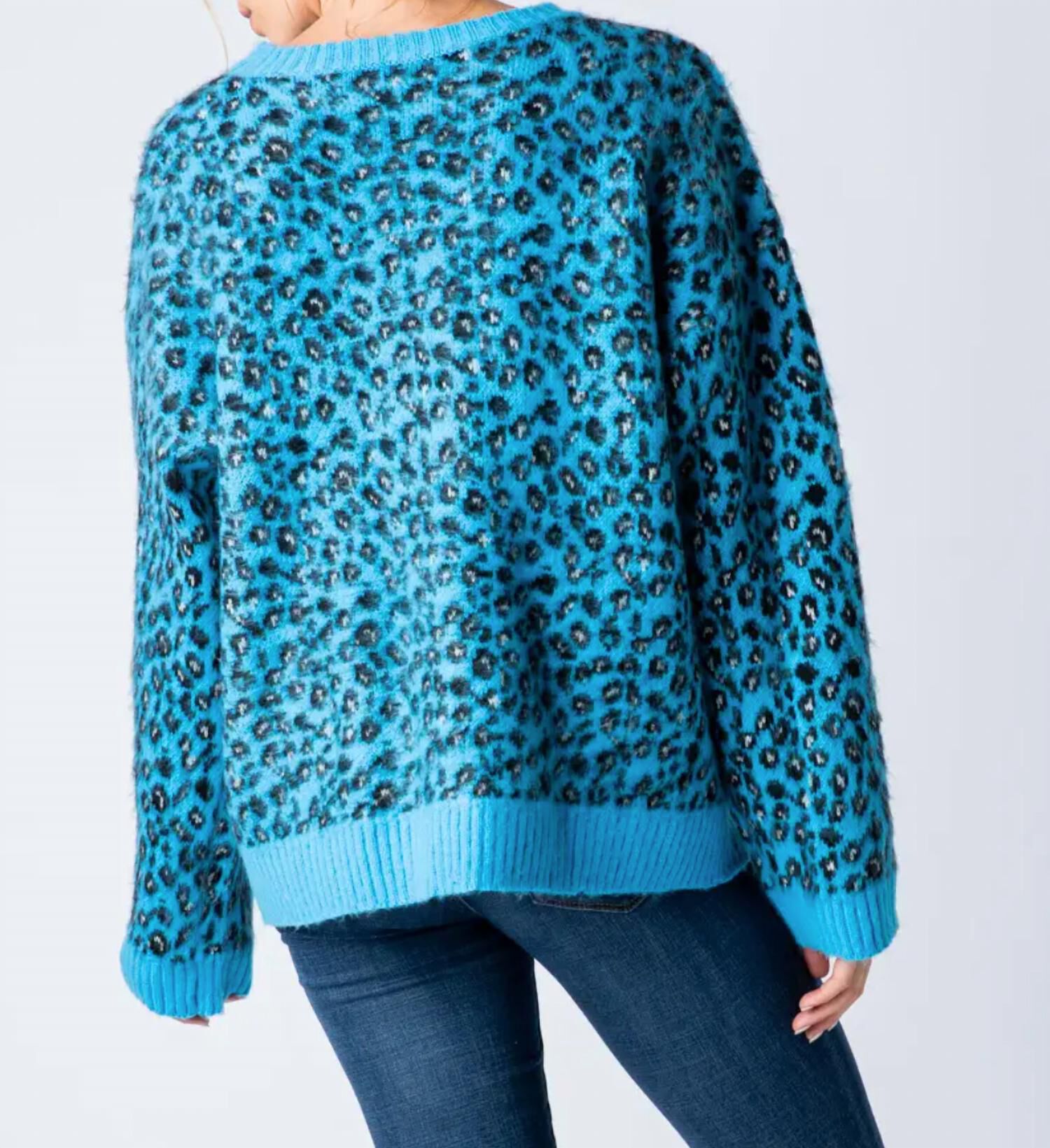 LEOPARD MOHAIR CREWNECK SWEATER IN BLUE, Blue / Cobalt, alternate image number 1