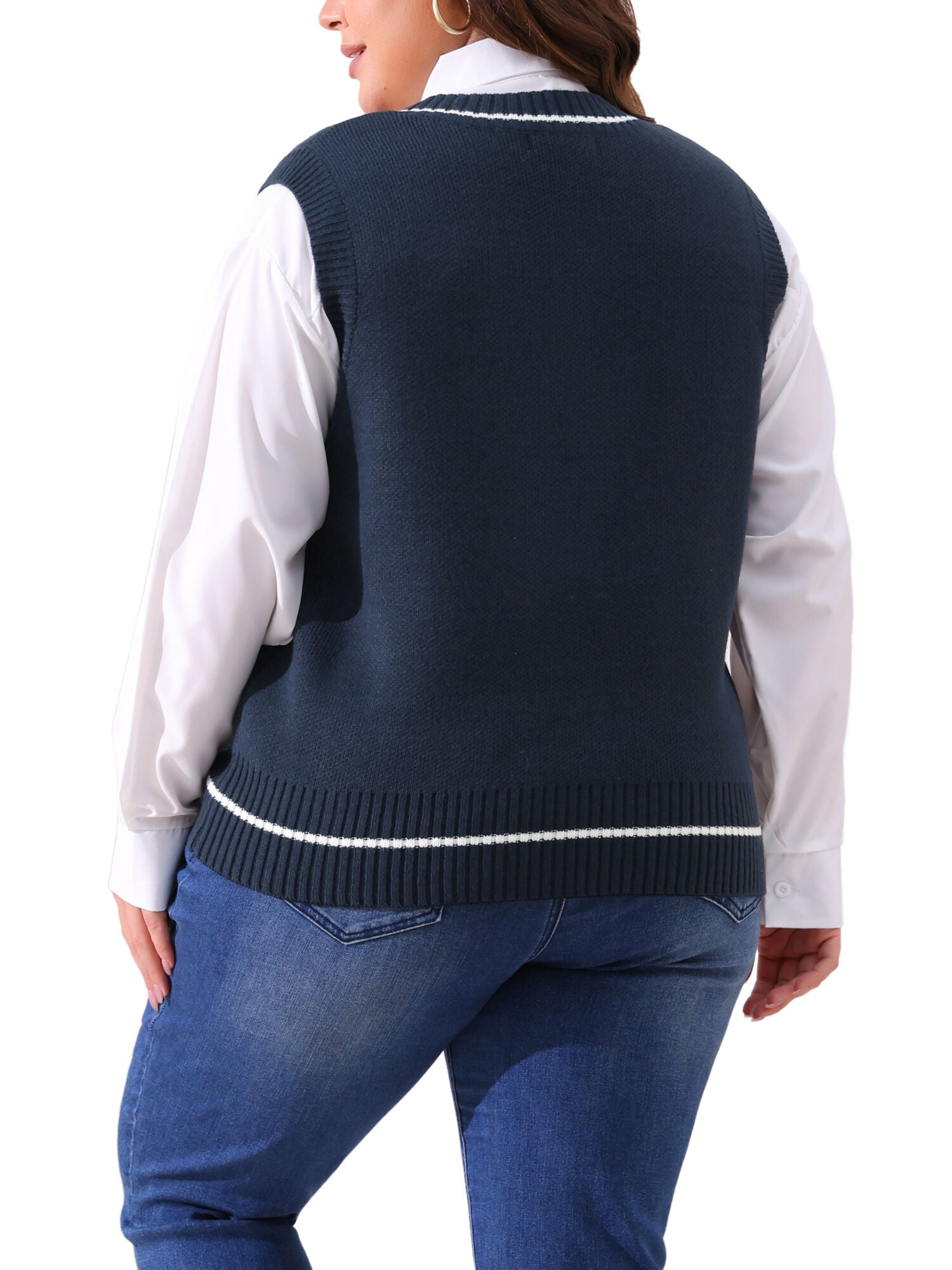 V Neck Stripe Cable Knit Pullover Sweater Vest, Navy Blue / Navy, alternate image number 3