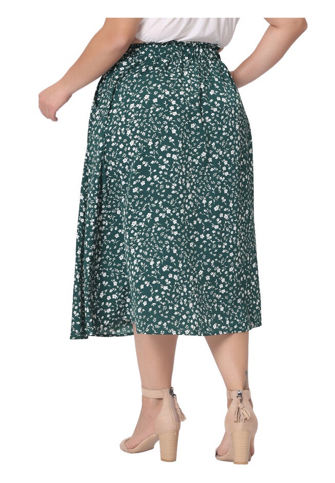 Printed Chiffon Elastic Waist Flowy Midi Skirt with Pockets, Dark Green / Forest Green, alternate image number 1