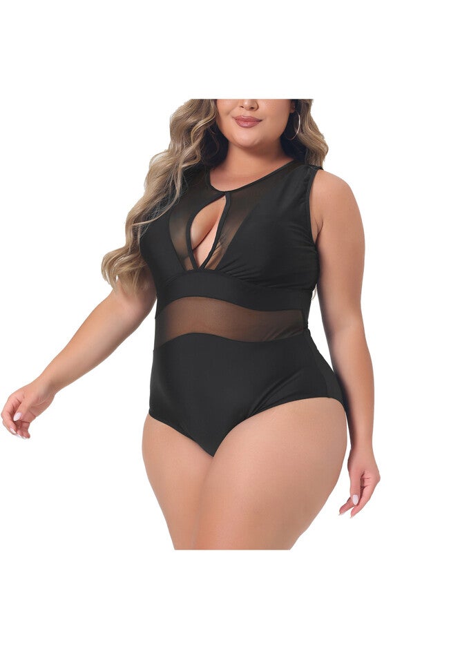 Summer Swimsuit Mesh Open Back Tie Plunge Swimwear, Black / Black, alternate image number 1