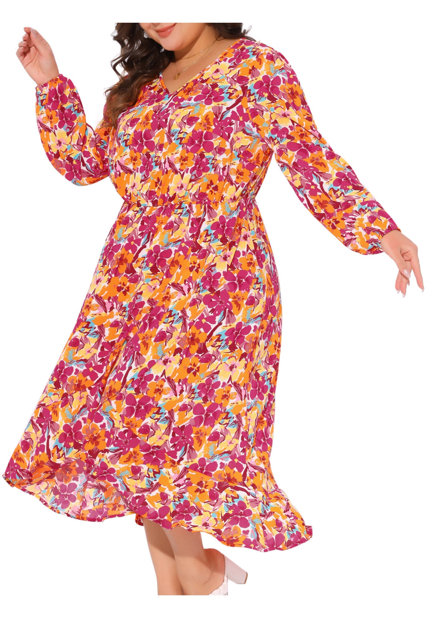 V Neck Long Sleeve Ruffle Chiffon Flowy Floral Maxi Dress with Belt, Orange / Orange, alternate image number 1