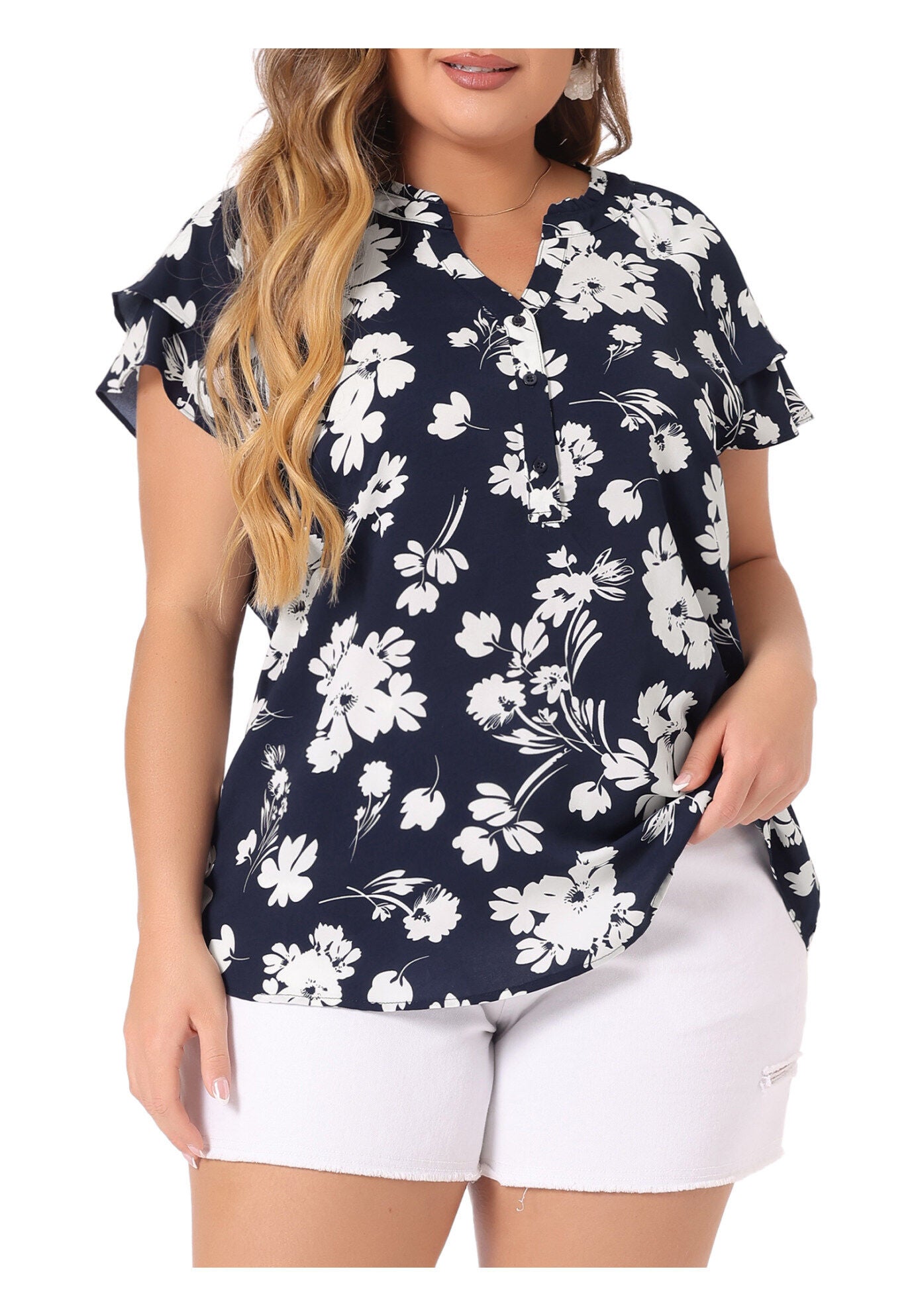 Floral Ruffle Trim V Neck Layered Sleeve Blouse, Navy Blue / Navy, alternate image number 2