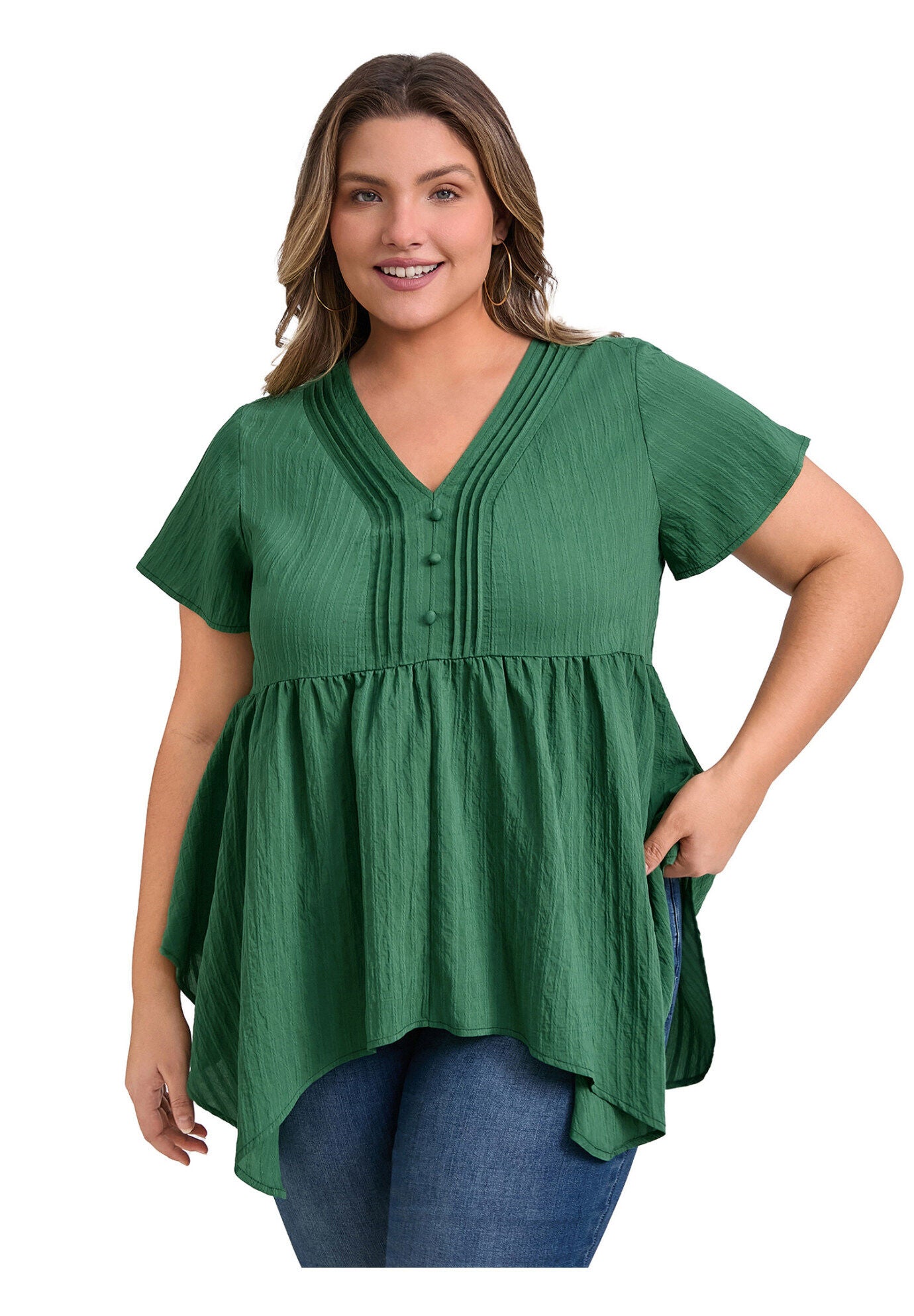 Texture Short Sleeve Pintuck Blouse Button Decor Hanky Asymmetric Hem Top, Dark Green / Forest Green, hi-res image number 0