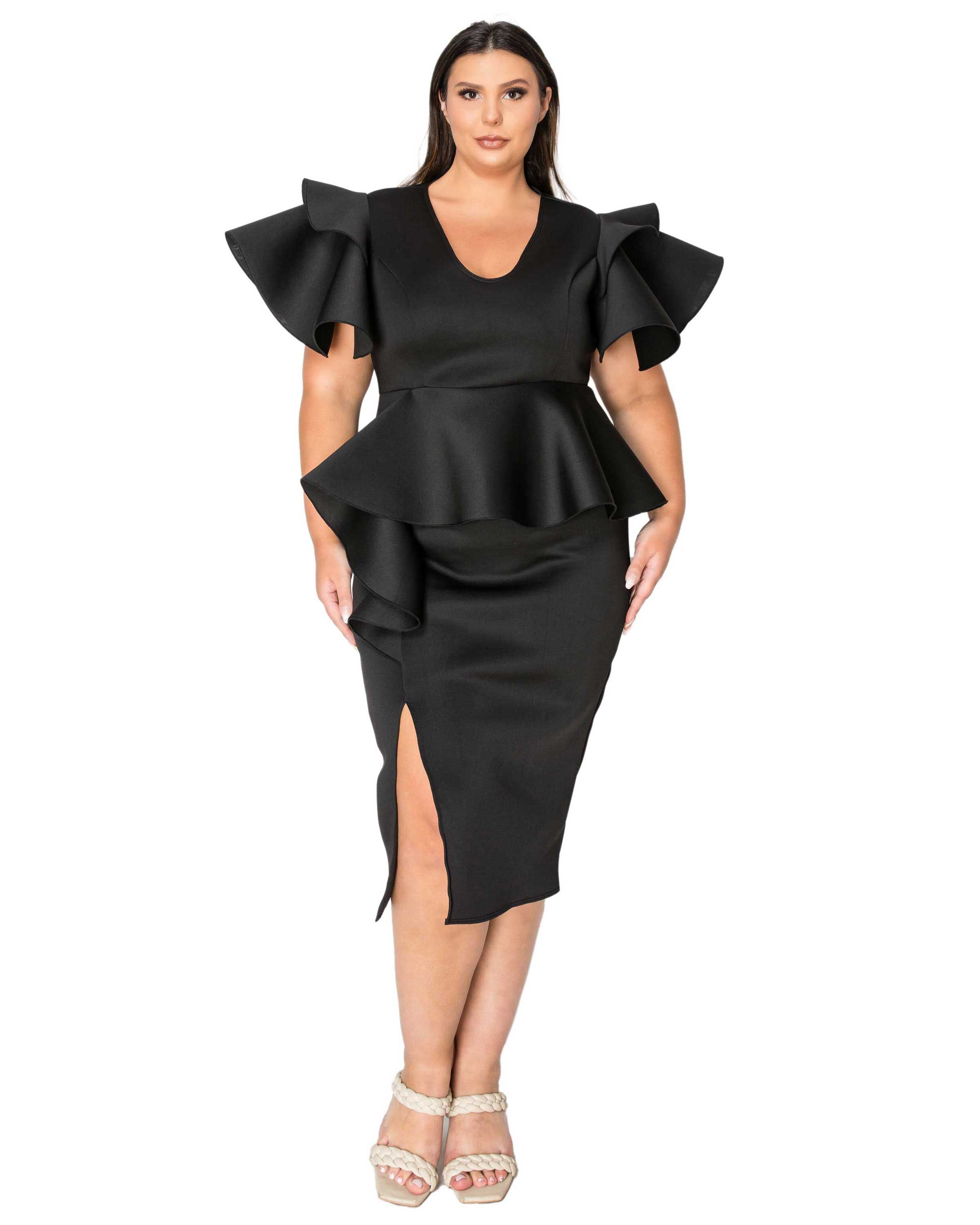 KIRA NEOPRENE PEPLUM DRESS, Black / Black, hi-res image number 0