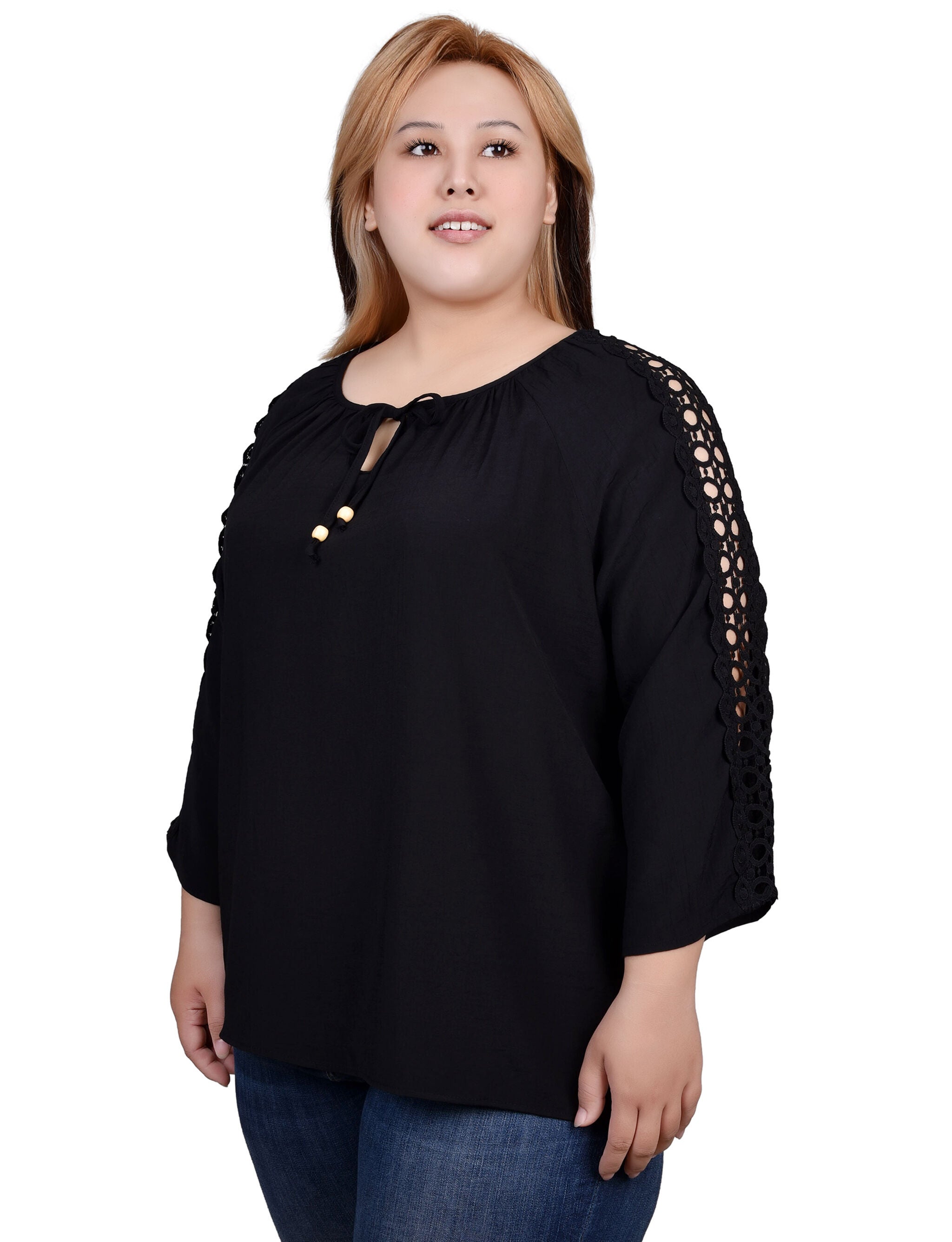 3/4 Sleeve Crochet Detail Blouse, Black / black, alternate image number 2