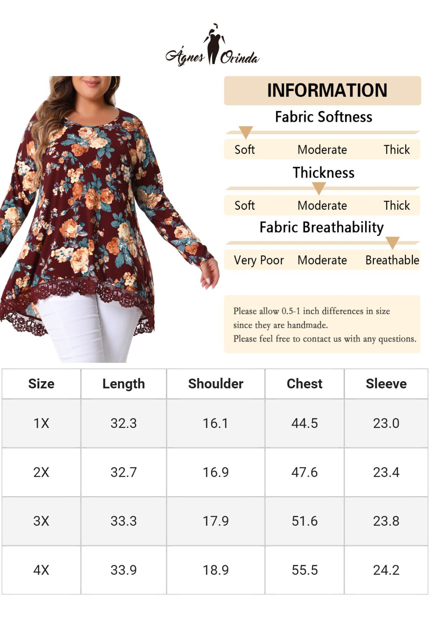 Crew Neck A-Line High Low Hem Floral Blouse, Burgundy / Red, alternate image number 4