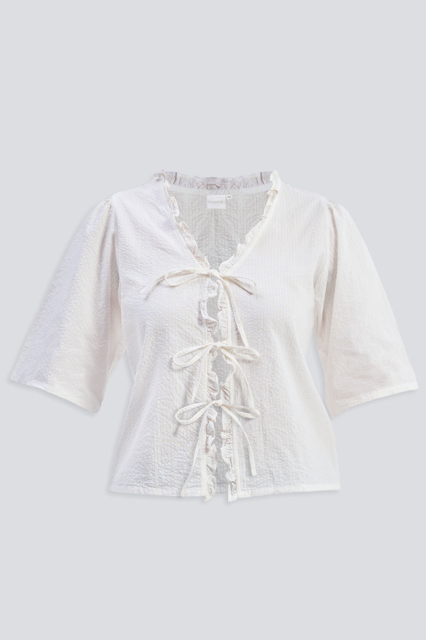 Relaxed Fit Top With Ruffles and Front-Ties in Cream, Striped Horizon / White, alternate image number 5