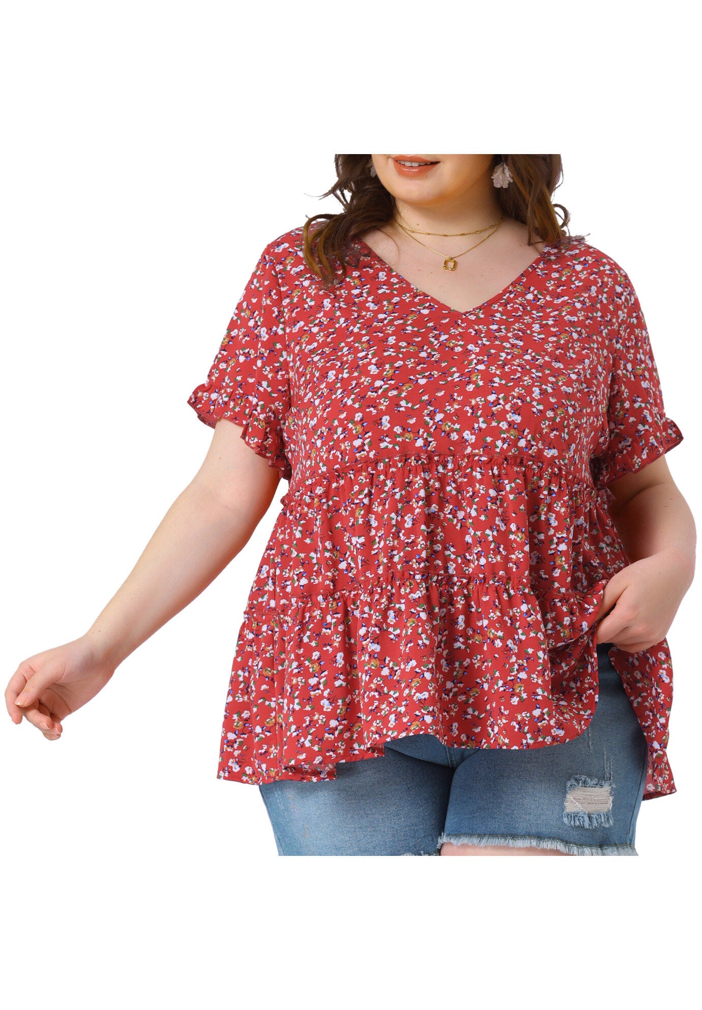 Floral Print V Neck Ruffles Sleeve Tiered Babydoll Blouse, Burgundy / Burgundy, alternate image number 2