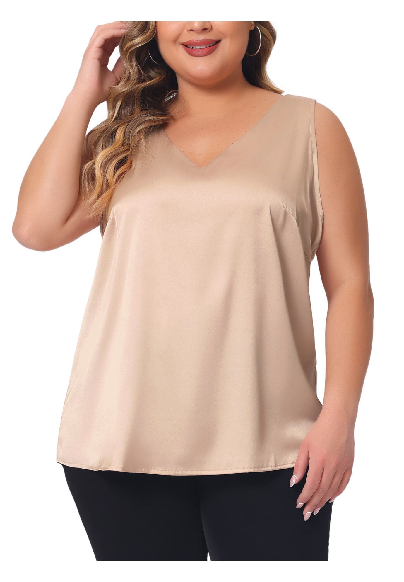 Satin Tank Top V Neck Casual Sleeveless Cami, Champagne / Gold, alternate image number 2