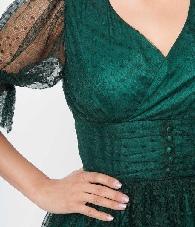 Unique Vintage Emerald Clip Dot Shirred Babydoll Dress, GreenClipdot / Hunter Green, alternate image number null