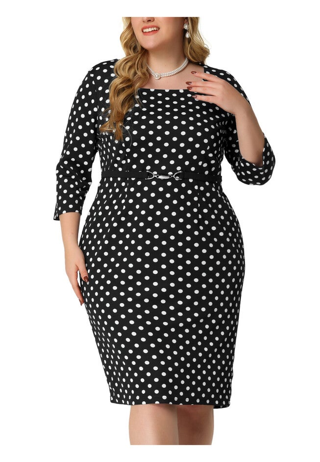 Retro 3/4 Sleeve Polka Dots Bodycon Cocktail Dress, Black / Black, alternate image number null