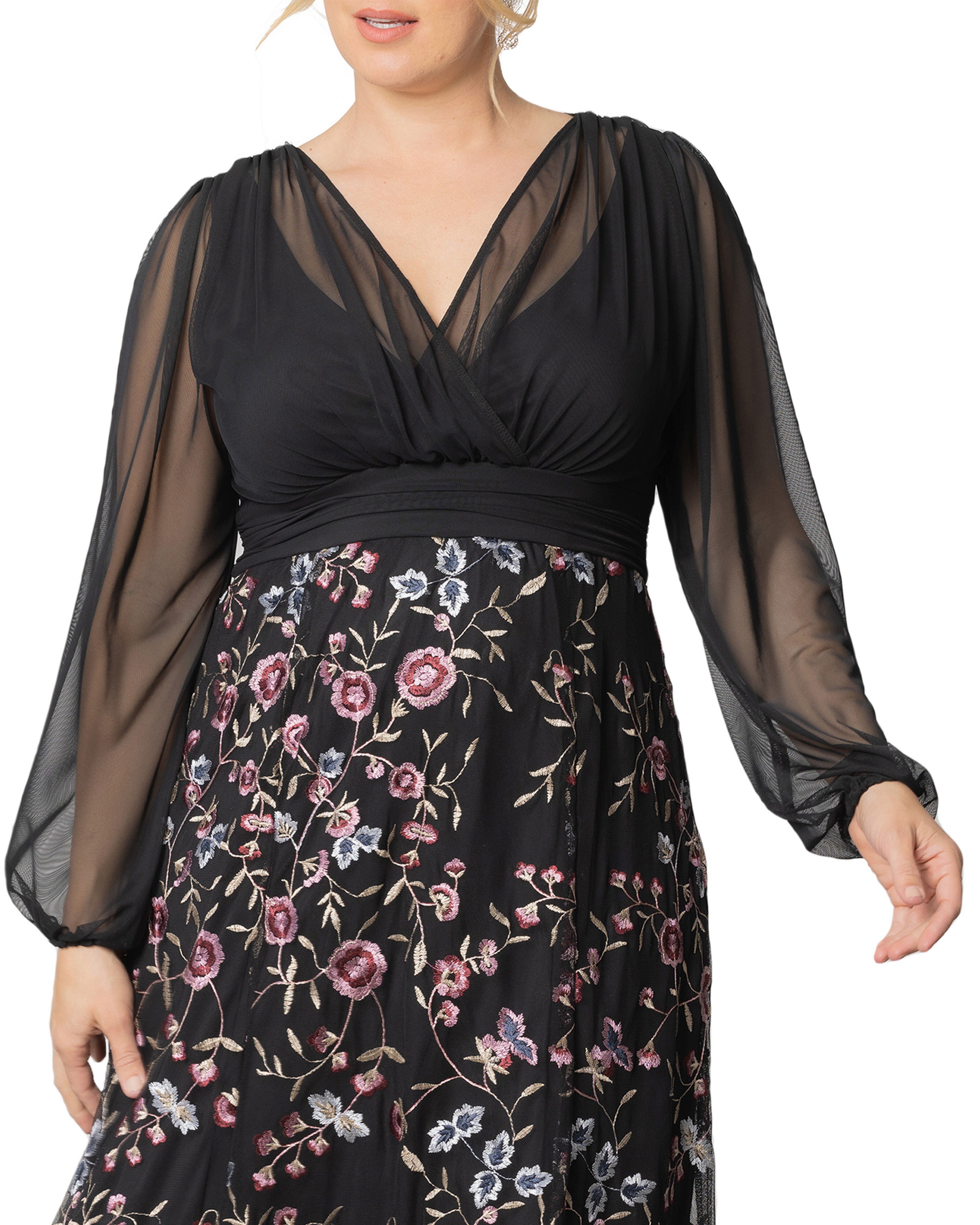 Isabella Embroidered Floral Mesh Gown, MOONLIT GARDEN / Black, alternate image number 3