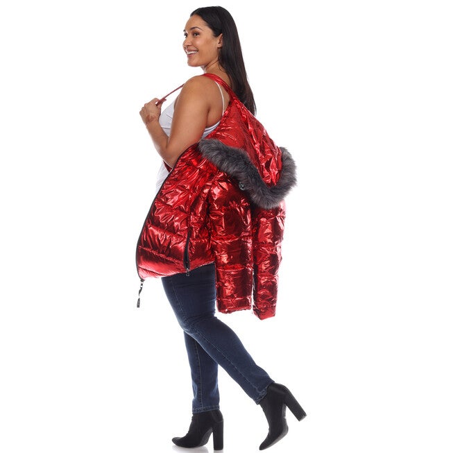 Metallic Puffer Coat with Hoodie, Red / Red, alternate image number 2