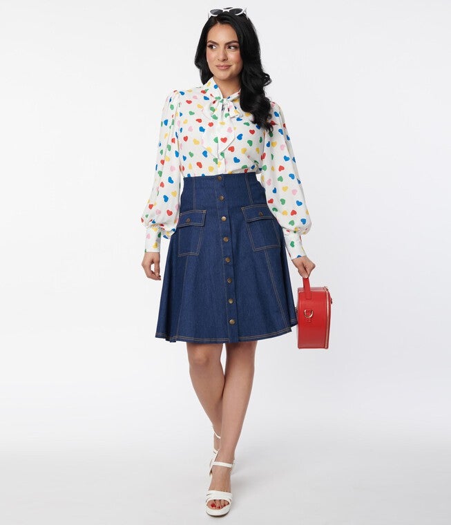 Unique Vintage Denim Suspender Flare Skirt, Blue / Medium Wash, alternate image number null