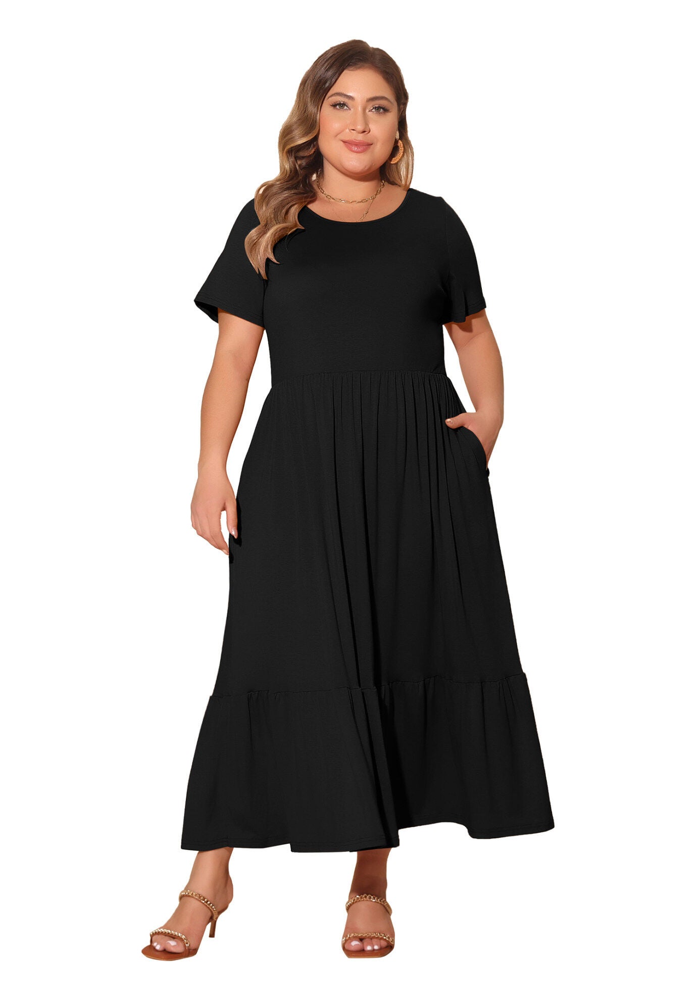 Short Sleeve Crew Neck Swing Flowy Summer Maxi Dress, Black / Black, hi-res image number 0