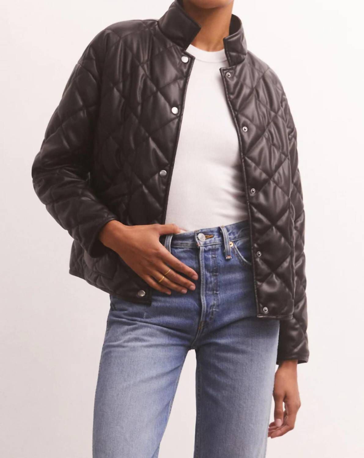HERITAGE FAUX LEATHER JACKET IN BLACK | Dia & Co