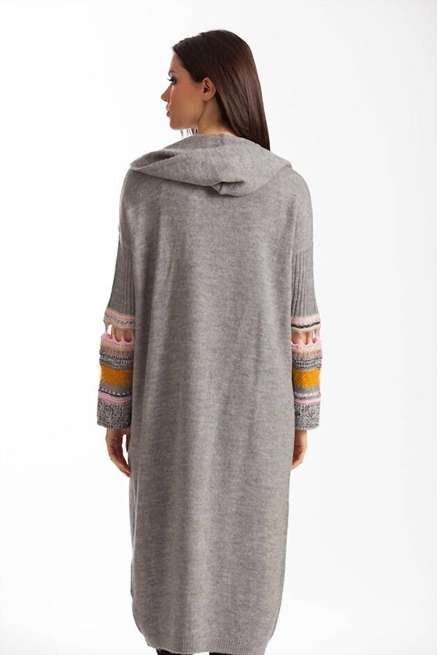 NATALIA LONG CARDIGAN WITH HOOD IN GRAY MULTI, , alternate image number null
