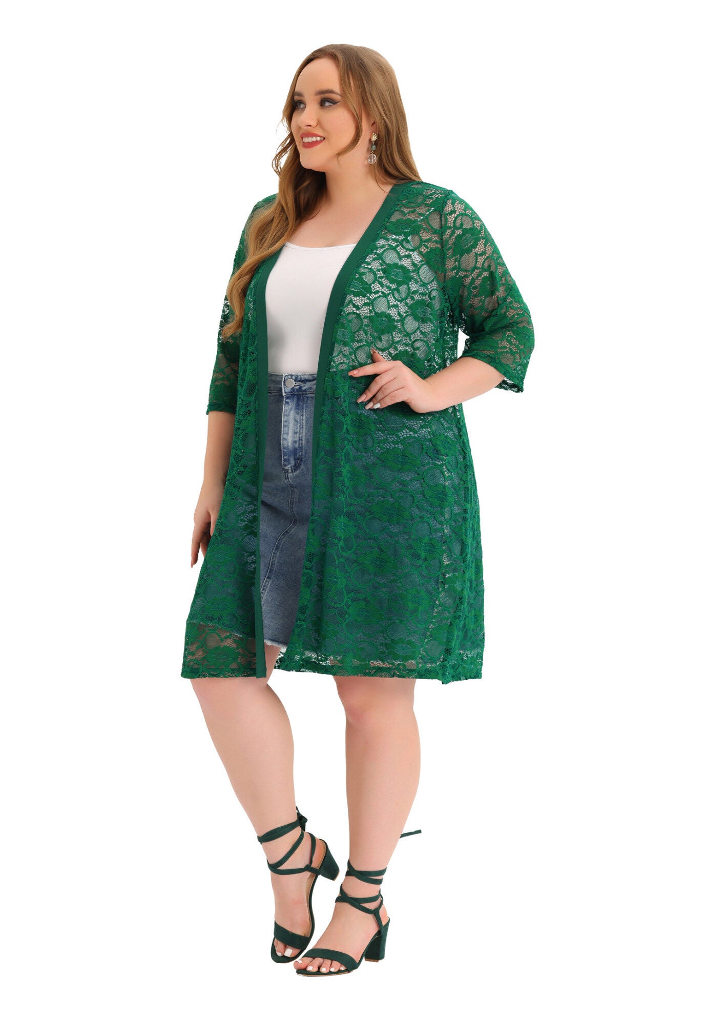 LACE CROCHET 3/4 SLEEVE COVER UP CARDIGAN, Green / Forest Green, alternate image number 2