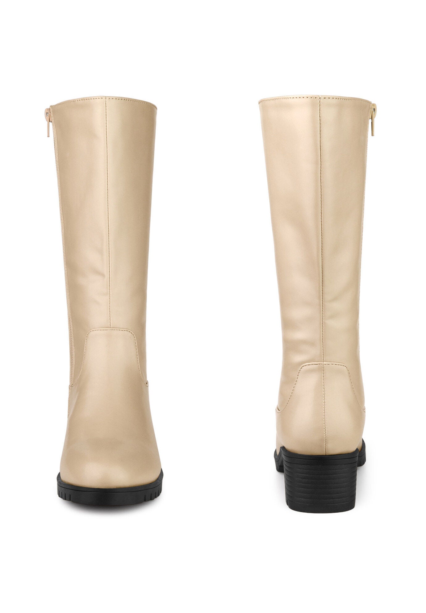 Riding Combat Boot Round Toe Chunky Heels Mid Calf Boots, Tan / Tan, alternate image number 3