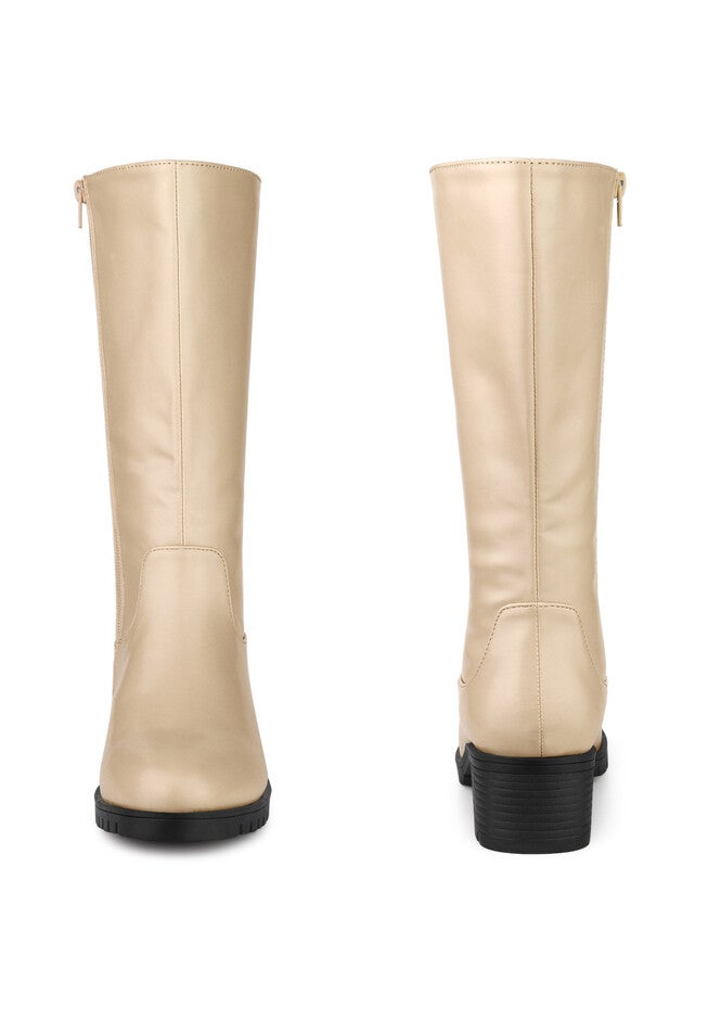 Riding Combat Boot Round Toe Chunky Heels Mid Calf Boots, Tan / Tan, alternate image number 3