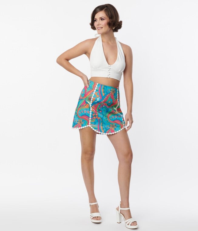 Smak Parlour Blue Daisy River Psychedelic Scallop Hem Mini Skirt, Blue Floral / Azure Blue, alternate image number null