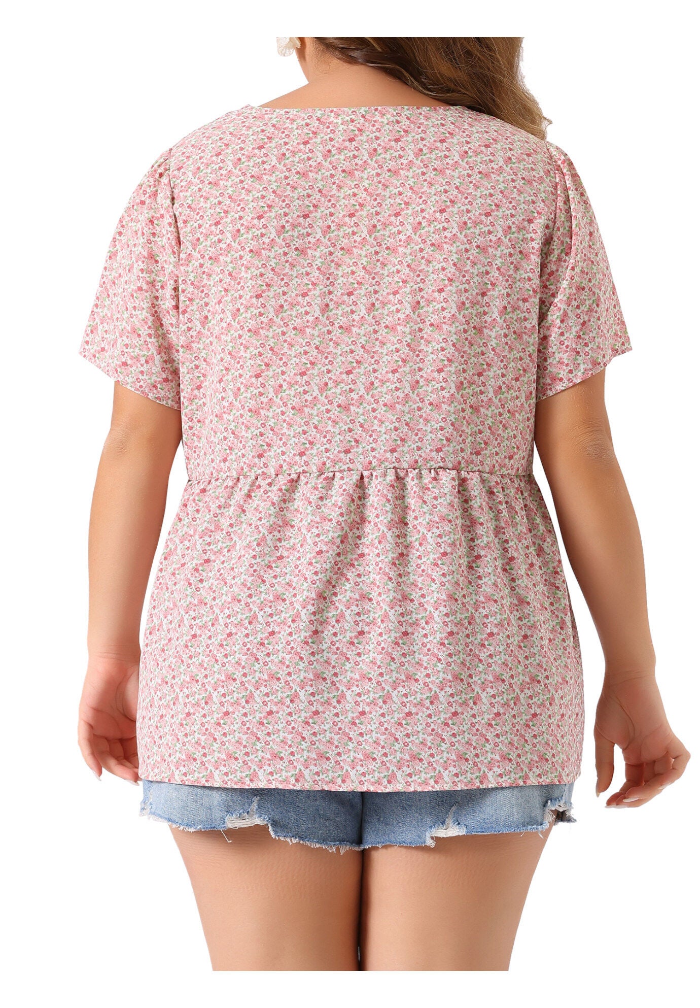 Chiffon Shirt V Neck Ruffle Short Sleeve Floral Peplum Top, Pink / Pink, alternate image number 2