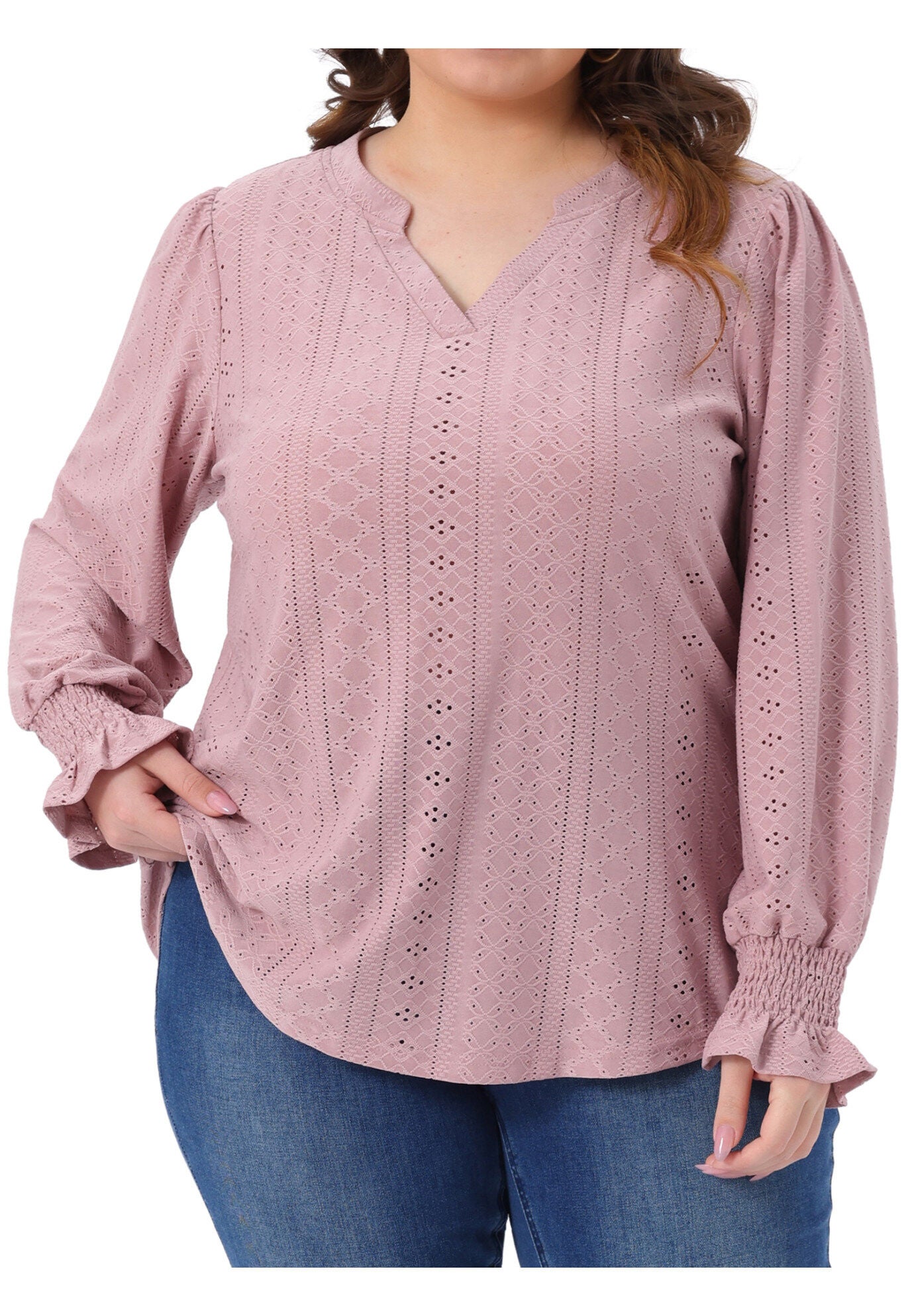 Eyelet Notched V Neck Smocked Hollow Out Blouses, Pink / Pink, alternate image number 2