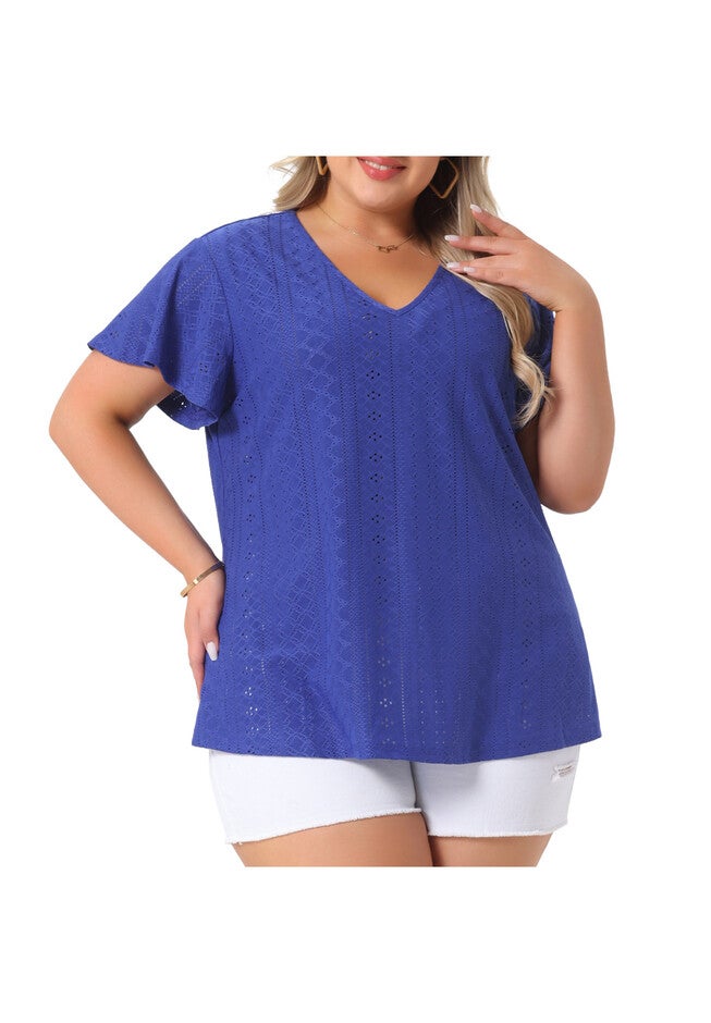 Summer Tee V Neck Hollow Flare Short Sleeve Casual Top Tunic, Royal Blue / Royal Blue, alternate image number 2