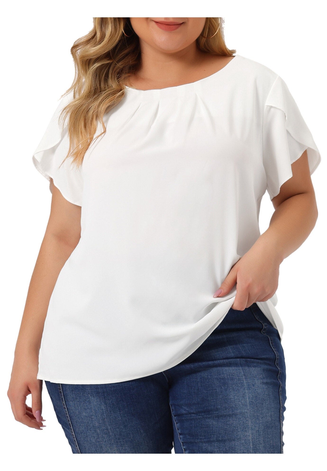 Round Neck Pleated Top Tulip Sleeves Blouse Top, White / White, alternate image number 2