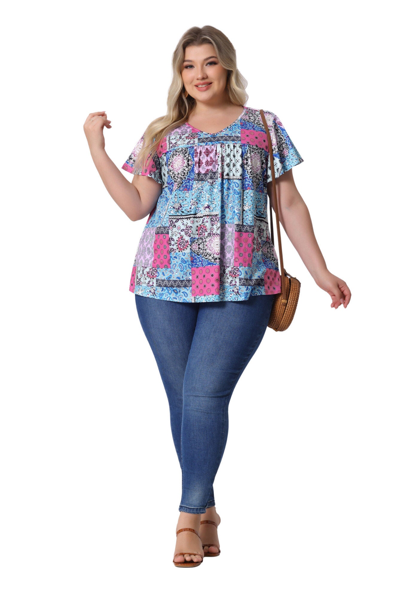 V Neck Ruffle Short Sleeve T-Shirt Tee Top, Blue Pink / Azure Blue, hi-res image number 0