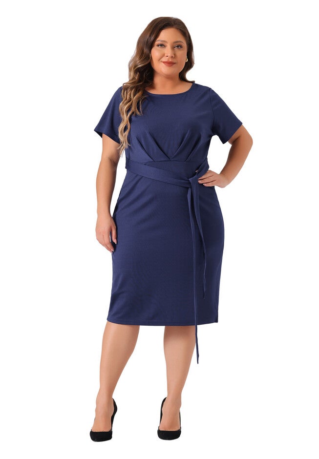 Round Neck Short Sleeve Belted Knot Tie Midi Dress, Navy Blue / Navy, hi-res image number 0