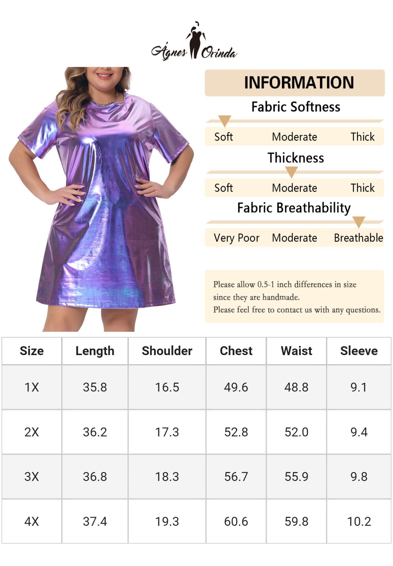 Metallic Round Neck Short Sleeve Loose Mini T-Shirt Dress, Purple / Purple, alternate image number 4