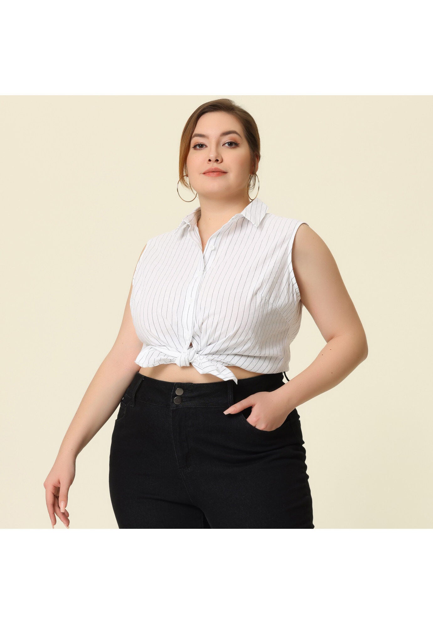 SLEEVELESS TOP SUMMER CASUAL BUTTON DOWN TANK SHIRT, White / White, alternate image number 1