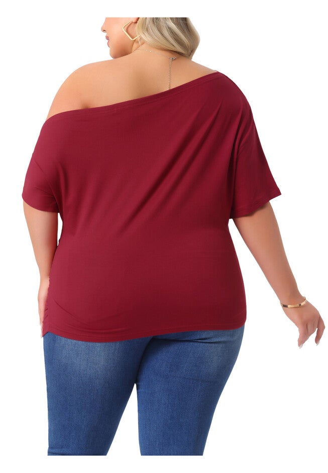 ONE SHOULDER SHORT SLEEVE RUCHED TOP, Burgundy / Burgundy, alternate image number null
