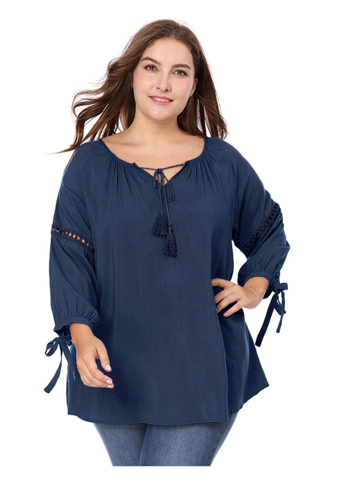 RAGLAN SLEEVES HOLLOW OUT TIE NECK PEASANT TOP, Navy Blue / Navy, alternate image number 2