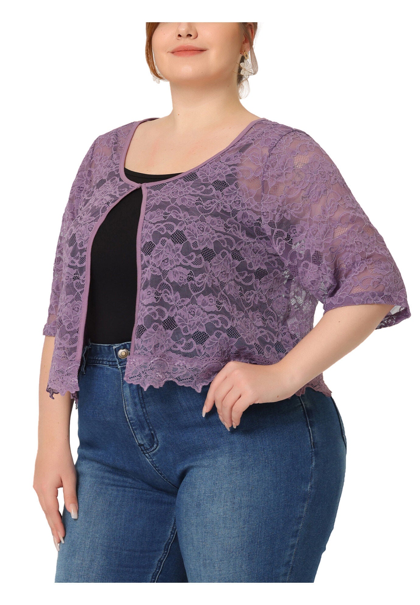 1/2 SLEEVE SHEER LACE BOLERO SHRUG, Purple / Purple, alternate image number 2