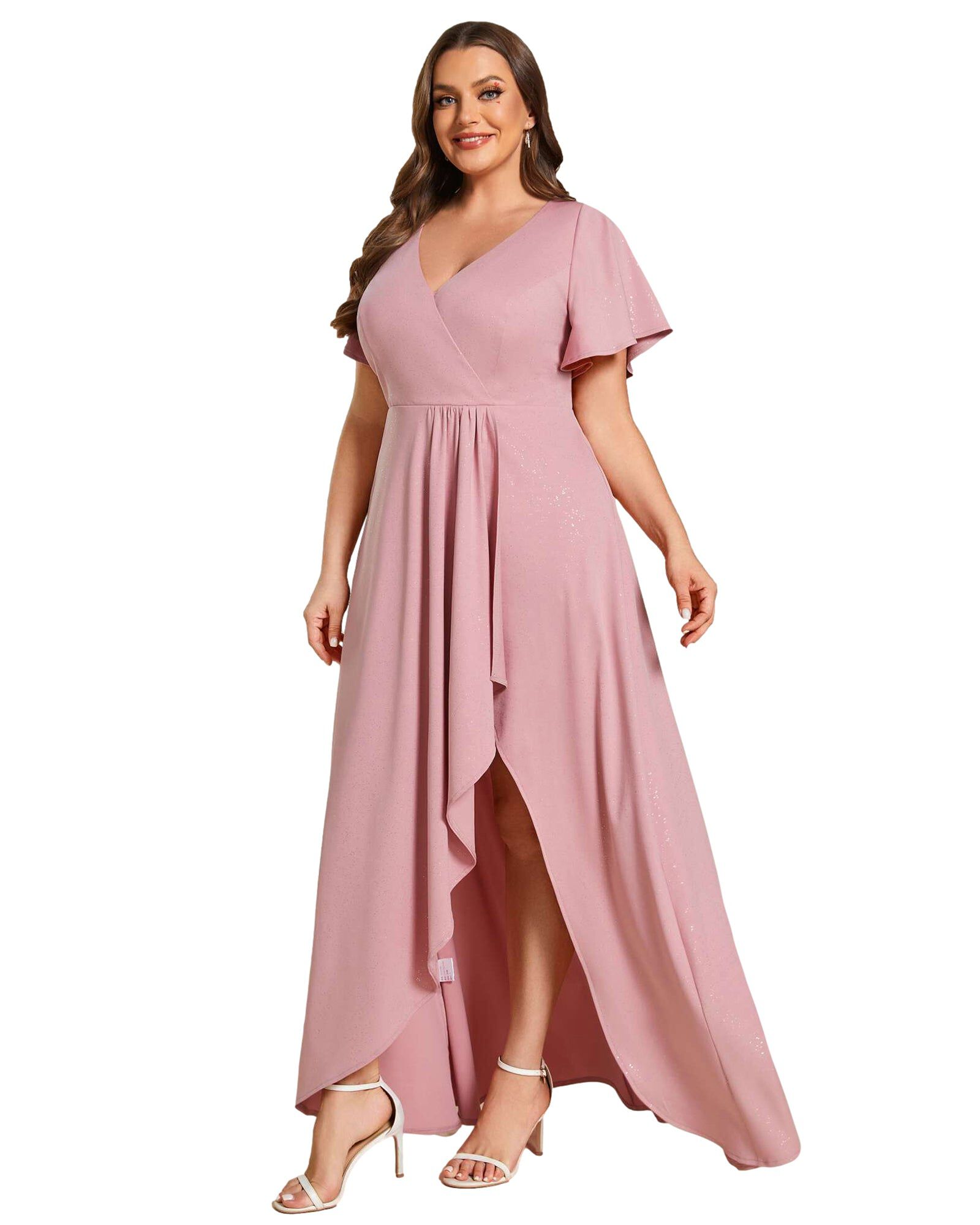 Glitter High-Low Front Side Slit Ruffled V-Neck Evening Dress, Dusty Rose / Pink, alternate image number 4