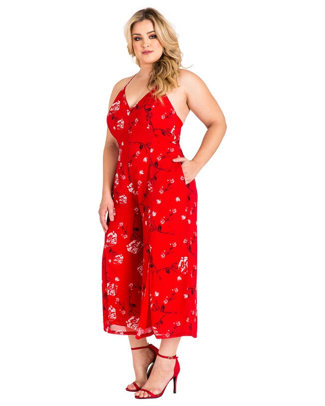 Plus Size Dianna Halter Capri Jumpsuit with Front Splits, Red Tulip / Red, alternate image number null