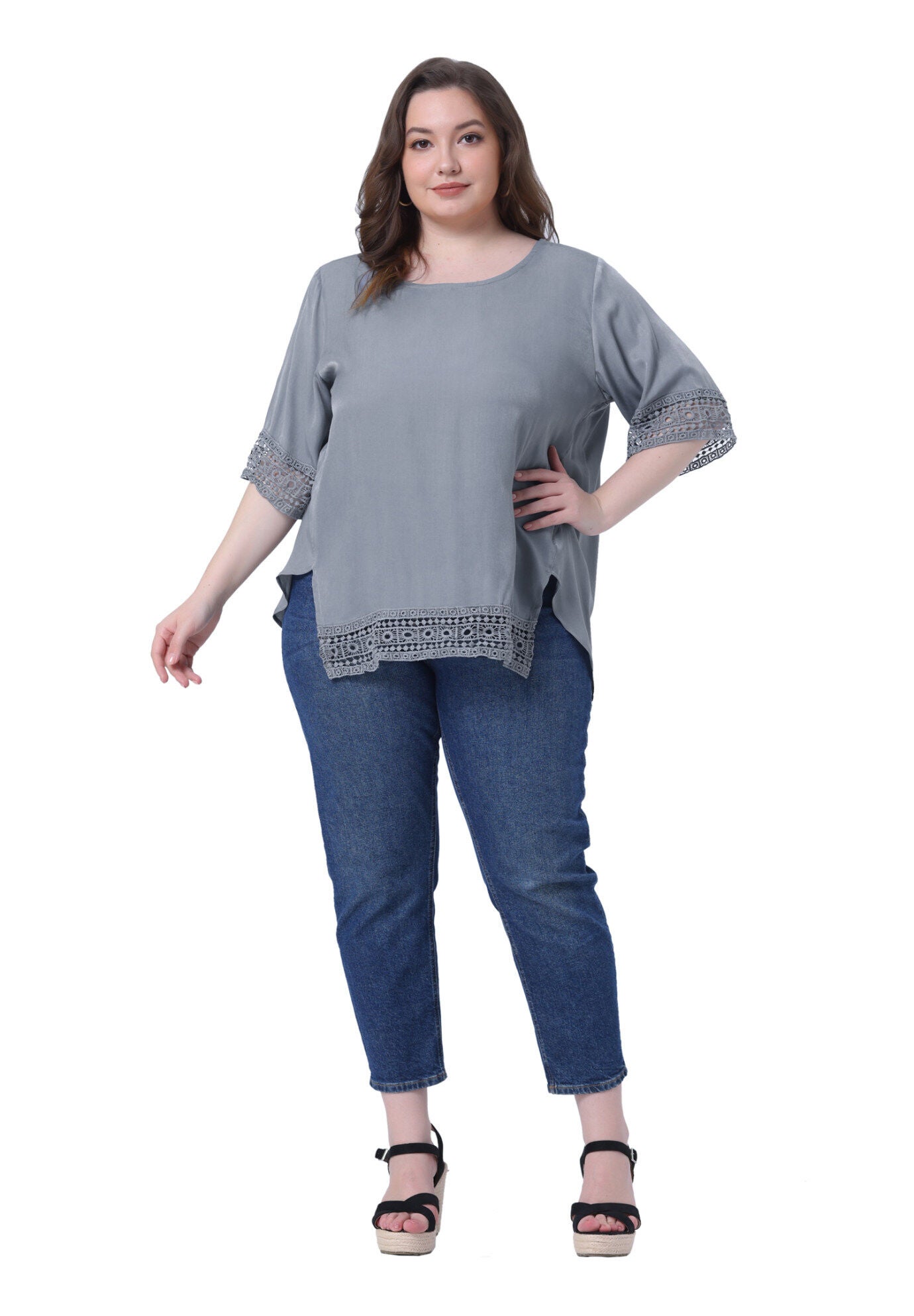 Crewneck Lace Crochet Short Sleeve Casual Loose Top, , hi-res image number 0