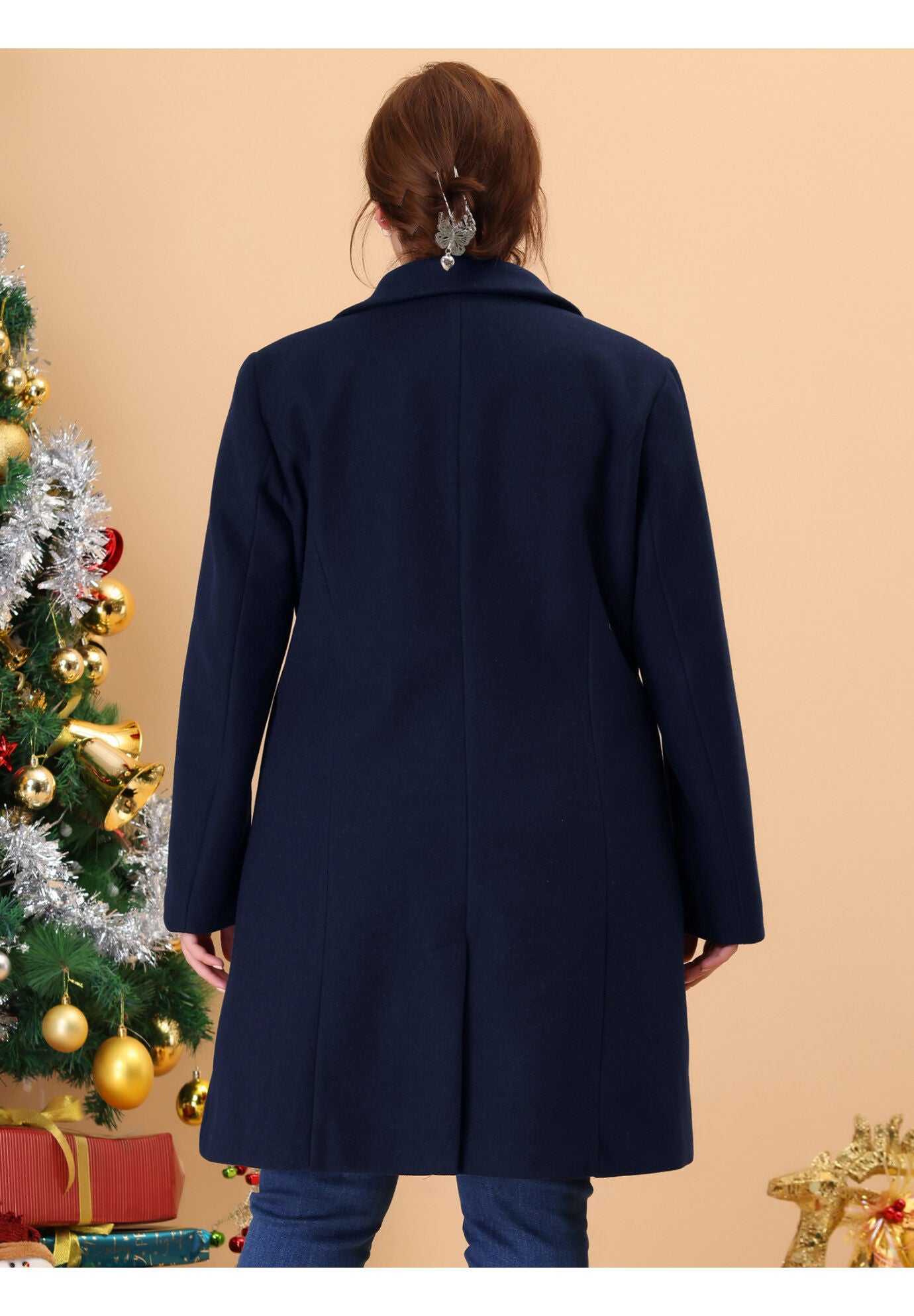 SINGLE BREASTED NOTCHED LAPEL LONG WINTER COAT, Dark Blue / Navy, alternate image number 3